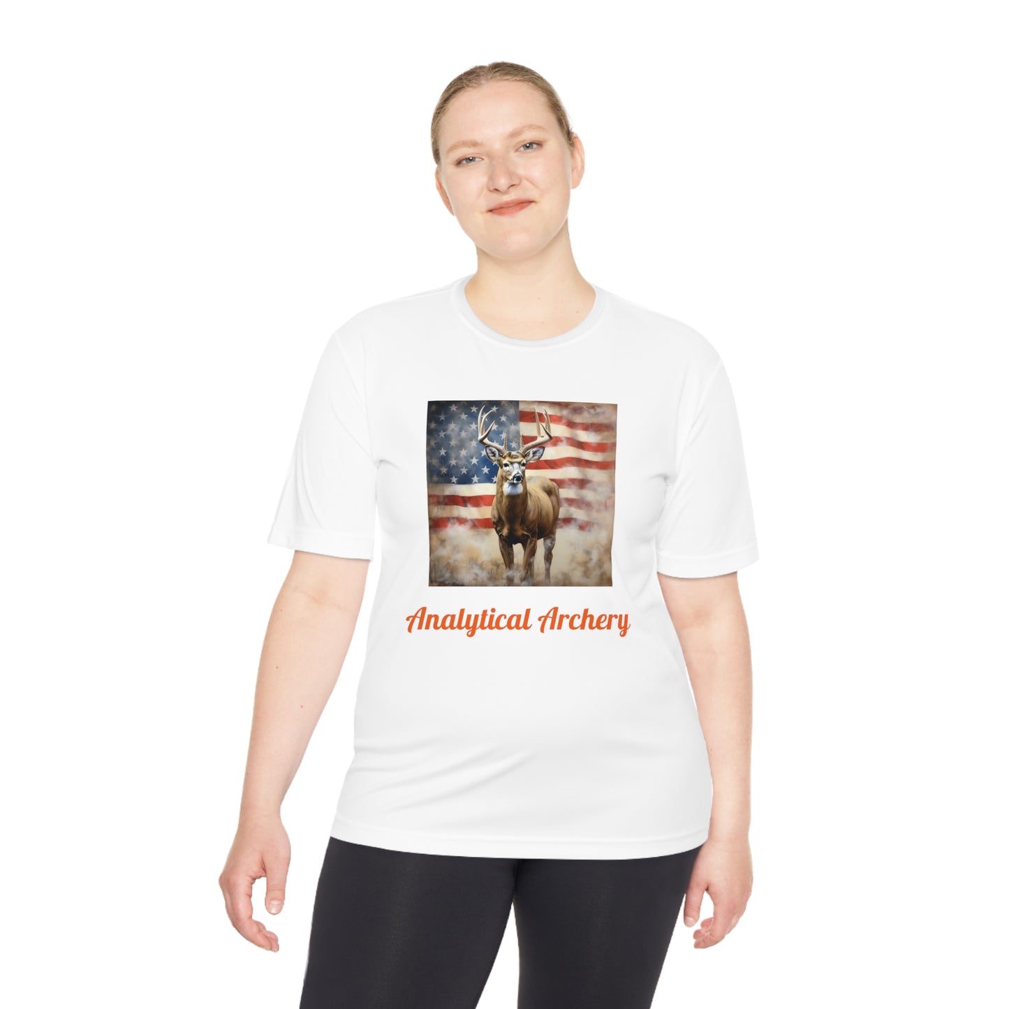 Big Whitetail Buck on American Flag Sport-Tek® Tee